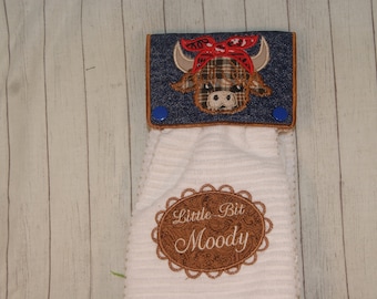 Applique Highland Cow with Bandana Girl Towel Holder Topper Machine Embroidery Digital Design 5x7 Little Bit Moody