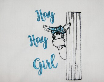 Hay Hay Girl Donkey  Outline Bandana Headband Hanky Hankerchief Embroidery Digital Design 4x4 5x7 Peeking Barn Fence