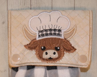 Applique Highland Chef Bull Cow Towel Holder Topper Machine Embroidery Digital Design 5x7