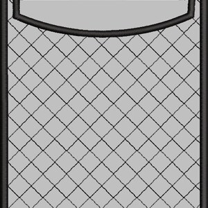May include: A gray rectangular patch with a black stitched border and a diamond pattern. The top section has a rectangular area with a curved bottom edge. The design is suitable for embroidery or applique.