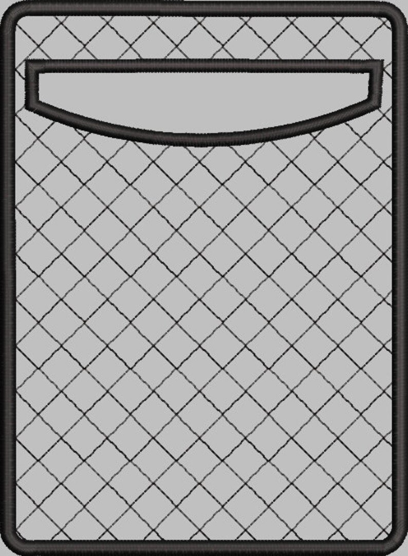 May include: A gray rectangular patch with a black stitched border and a diamond pattern. The top section has a rectangular area with a curved bottom edge. The design is suitable for embroidery or applique.