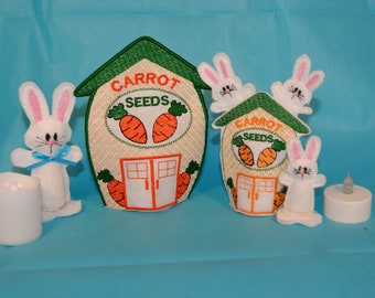 ITH Bunny Carrot Seed Village House Tea Light Covers for 4x4 and 5x7 Embroidery Design Easter