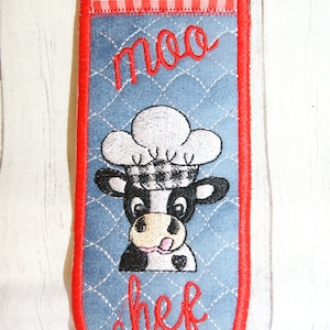 Cow Moo Chef quilted Skillet Pan Handle Sleeve Pot Holder Machine Embroidery Design 5x7 In The Hoop ITH