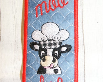 Cow Moo Chef quilted Skillet Pan Handle Sleeve Pot Holder Machine Embroidery Design 5x7 In The Hoop ITH
