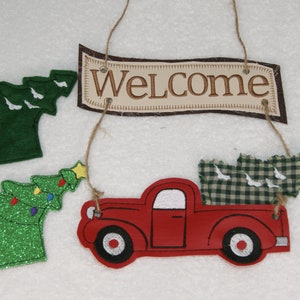 Merry Christmas plaid pick up truck with tree with interchanging parts Door Sign Wreath Decoration Embroidery Digital Design 5x7 size only