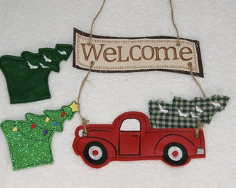 Merry Christmas plaid pick up truck with tree with interchanging parts Door Sign Wreath Decoration Embroidery Digital Design 5x7 size only