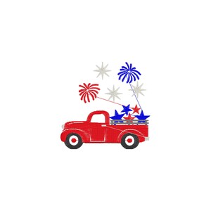 May include: A red vintage pickup truck with a white bed filled with blue and red stars. Fireworks are in the air above the truck.