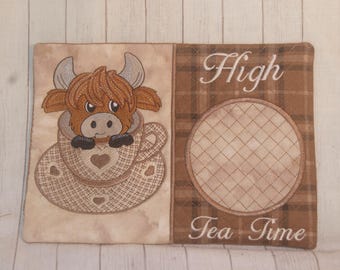 Highland Cow High Tea T Mug Rug Time  - Machine Embroidery Design 3 Sizes