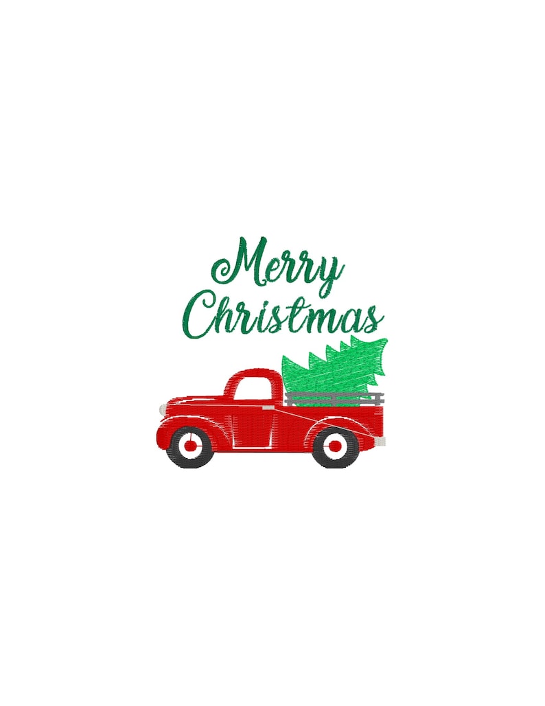 May include: Red vintage pickup truck with a green Christmas tree in the back. The truck is driving on a white background. The text "Merry Christmas" is written above the truck.