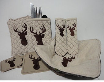 Deer Kitchen Set, Skillet Pan Handle Holder, Pot Holder, Bowl Cozy, Magnet, Coaster, Silverware Holder ITH In The Hoop Embroidery Digital
