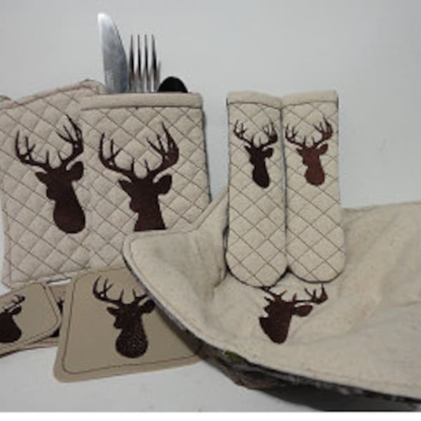 Deer Kitchen Set, Skillet Pan Handle Holder, Pot Holder, Bowl Cozy, Magnet, Coaster, Silverware Holder ITH In The Hoop Embroidery Digital