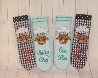 Highland Cow Chef matelassé salé poêle à bois poêlon manche manche support de casserole motif de broderie Machine 5 x 7 dans le cerceau ITH