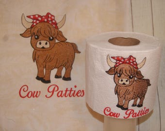 Motif de broderie en papier toilette, galettes de vache Highland, téléchargement numérique 4 x 4 et 5 x 7