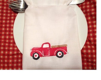 Red Pick Up Vintage Truck Napkin Silverware Holder Embroidery Digital Design 5x7