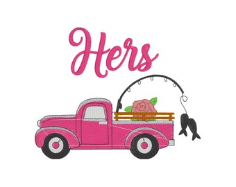 His and Hers Truck Set with Heart Fish Hooks For Wedding Anniversary Towel Embroidery Digital Design Red Pick Up