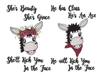 Donkey Boy and Girl  Kick Face OutlinedEmbroidery Digital Design 4x4 5x7 Bandana Hankerchief