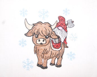Gnome Riding Highland Scottish Cow Machine Embroidery Digital Design 4x4 5x7