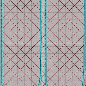 May include: An abstract design featuring a grid pattern of red lines on a gray background. Two vertical, curved, light blue lines are on the right side. A purple and yellow line is at the top.