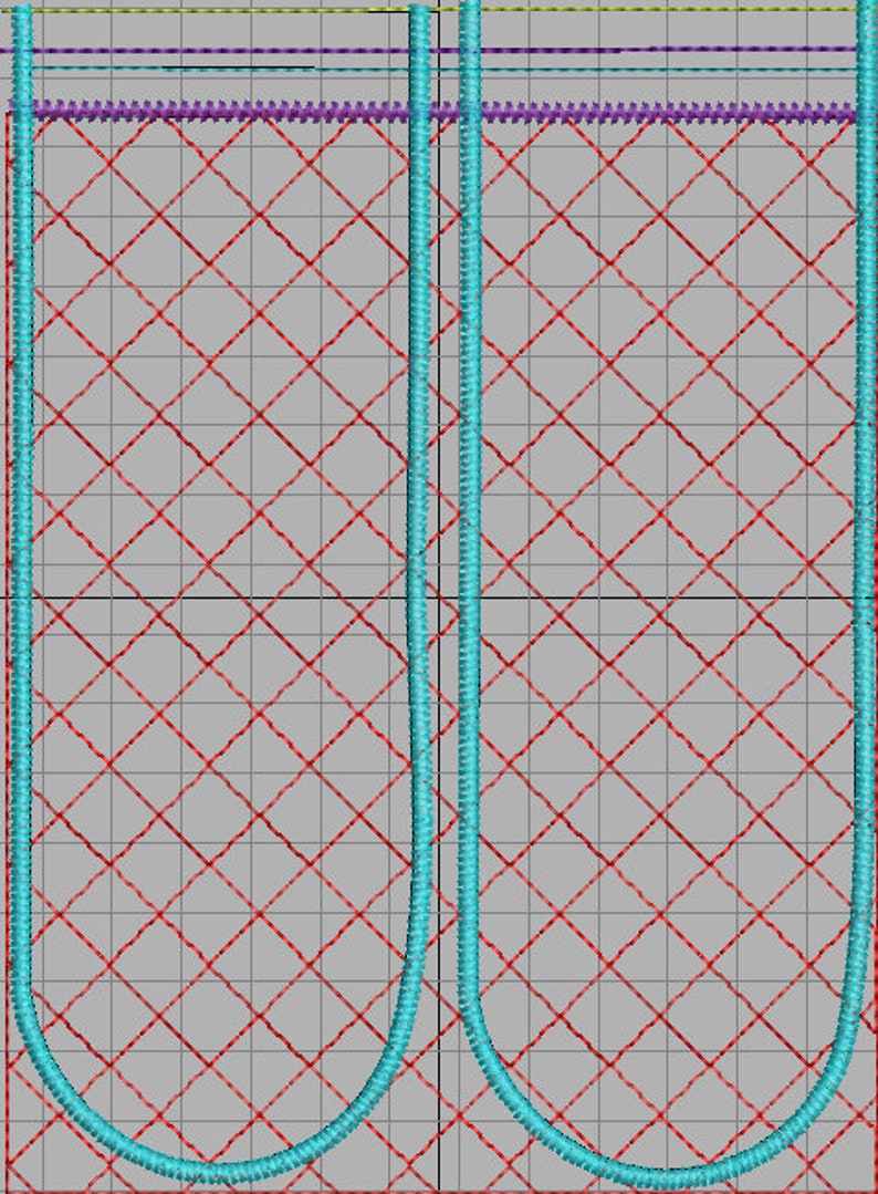 May include: An abstract design featuring a grid pattern of red lines on a gray background. Two vertical, curved, light blue lines are on the right side. A purple and yellow line is at the top.