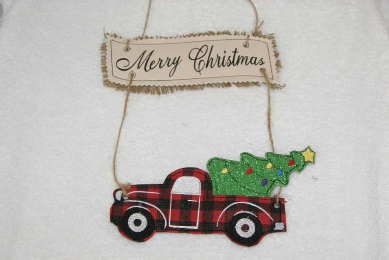 Merry Christmas plaid pick up truck with tree with interchanging parts Door Sign Wreath Decoration Embroidery Digital Design 5x7 size only