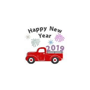 May include: Red vintage pickup truck with the number 2019 on the back. The truck is surrounded by fireworks and the text "Happy New Year".
