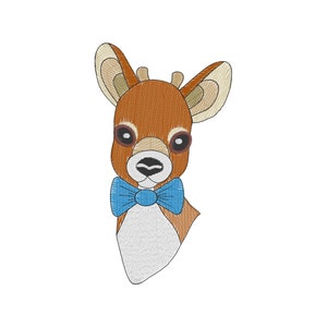 May include: A brown deer with a blue bow tie. The deer has large ears and a white patch on its chest.