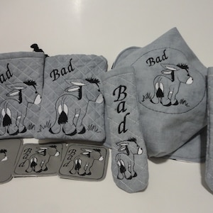 Donkey Bad Kitchen Set, Skillet Holder, Pot Holder, Silverware Holder, Bowl Cozy, Magnet, Coaster/Mug Rug Embroidery In The Hoop 5x7