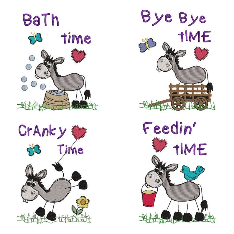 Snuggle Donkey Stick Quilt Set 8 Embroidery Digital Designs in Size 4x4 Bye Bye Story Nursery Feedin Cranky for Baby Bath Play Nap