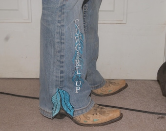 Cowgirl Feathers Jeans also side seam feathers Embroidery 4 Sizes Machine Embroidery Design