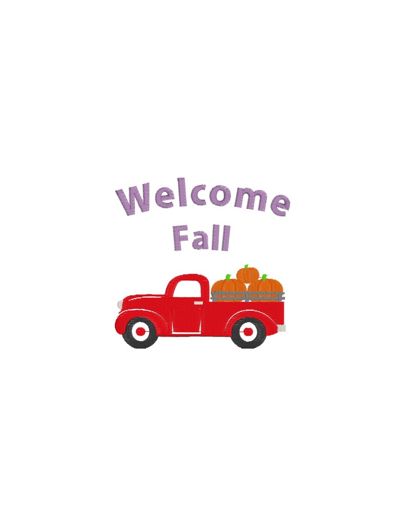 May include: A red vintage pickup truck with a wooden bed filled with orange pumpkins. The text "Welcome Fall" is written in purple above the truck.