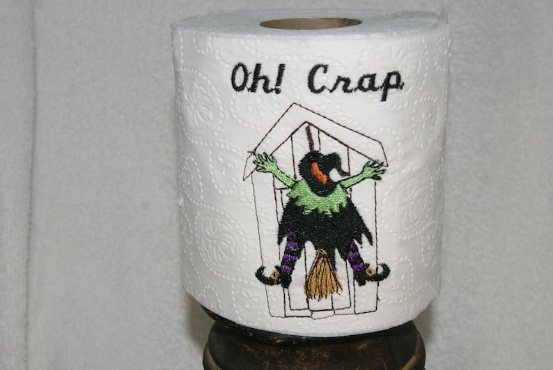 Toilet Paper Design Witch crashing into outhouse Oh Crap Flying Embroidery Digital Design Towel 4x4 5x7 Bathroom Decoration Halloween image 1