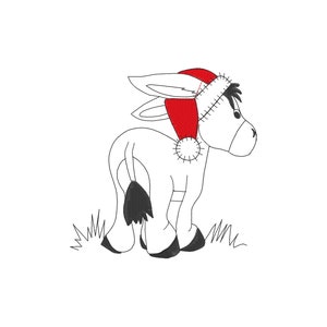 May include: A white donkey wearing a red Santa hat with a white pom-pom. The donkey is standing in a field of green grass.