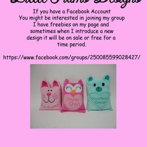 May include: Three plush toys, a pink bunny, a pink owl, and a blue bear, are arranged in a row. Each toy has embroidered facial features and text. The bunny says "Boo Bunny", the owl says "Owle Owi", and the bear says "Boo Boo Bear".