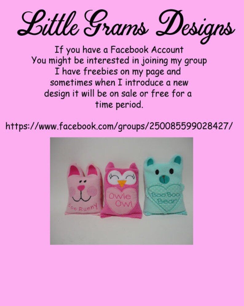 May include: Three plush toys, a pink bunny, a pink owl, and a blue bear, are arranged in a row. Each toy has embroidered facial features and text. The bunny says "Boo Bunny", the owl says "Owle Owi", and the bear says "Boo Boo Bear".