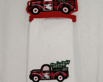 Towel Holder Truck Christmas SET for Towel Holder and Matching Towel Design,Applique Satin Stitch Buffalo Plaid Moose Vinyl
