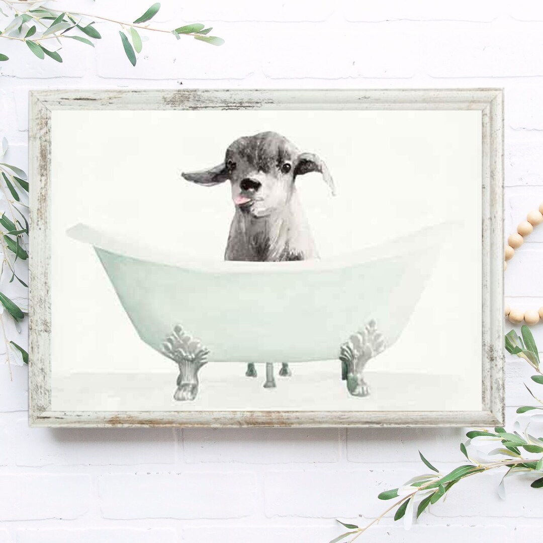 Goat in a Bathtub Goat Taking a Bath Bathroom Art Goat Bathing, Whimsy