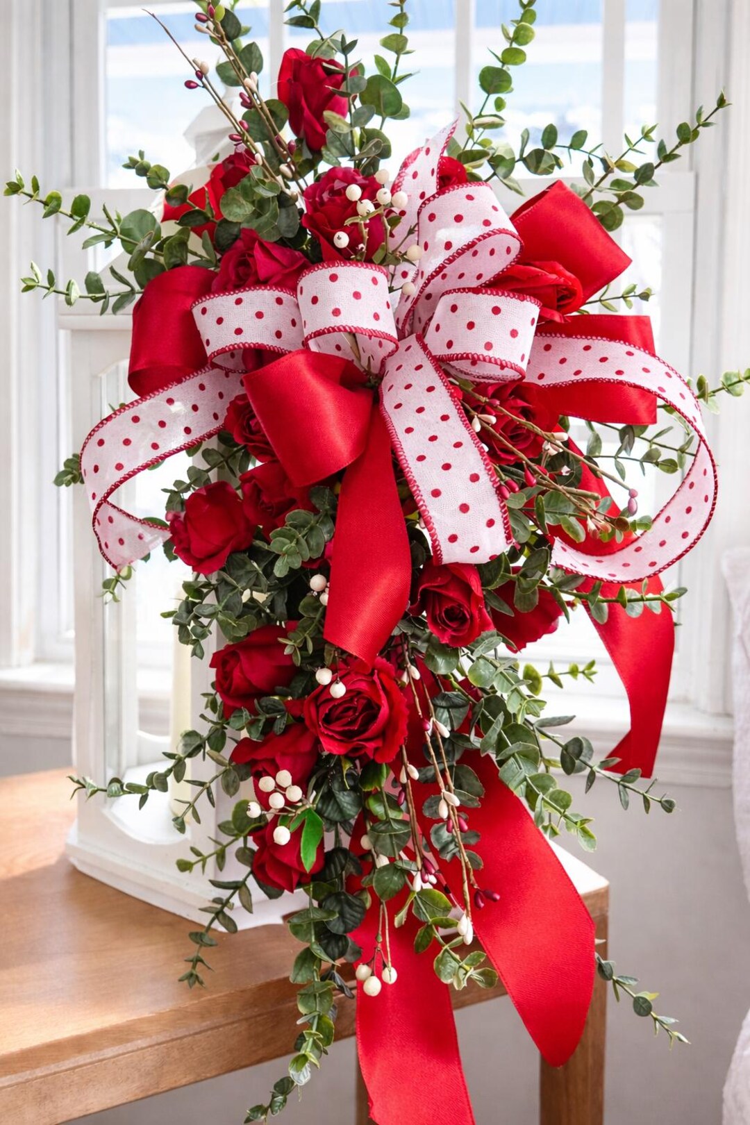 Valentine Floral Swag Red Roses & Elegant Bow | Romantic Door Swag ...