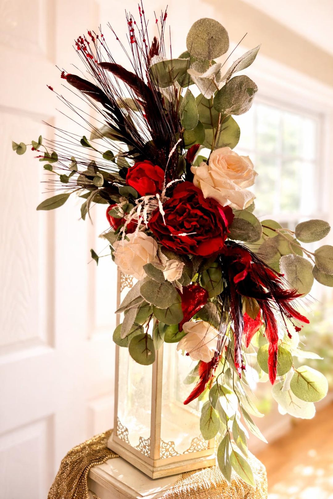 Frosted Valentine’s Day Floral Swag Heart | Red & Ivory Roses ...