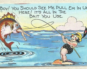 humor cartoon Washington fishing Postcard old paper ephemera funny junk journal girl in bathing suit DC old vintage craft supply