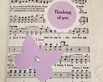 HANDMADE Card, Thinking of You, Plus one extra free card, Antique Music,  Pen Pal, Encouragement Inspiration Vintage page hymnal