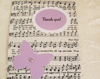 APPRECIATION Jesus Based Hymnal Greeting Card, Plus one extra free card,  Thank you  Butterfly, Antique Music,  Friendship