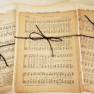 1/8 lb. Hymnal pages Vintage Songs, Antique bundle Old religious music pages plus 4+ pack bonus early 1900s church music pages Junk Journal