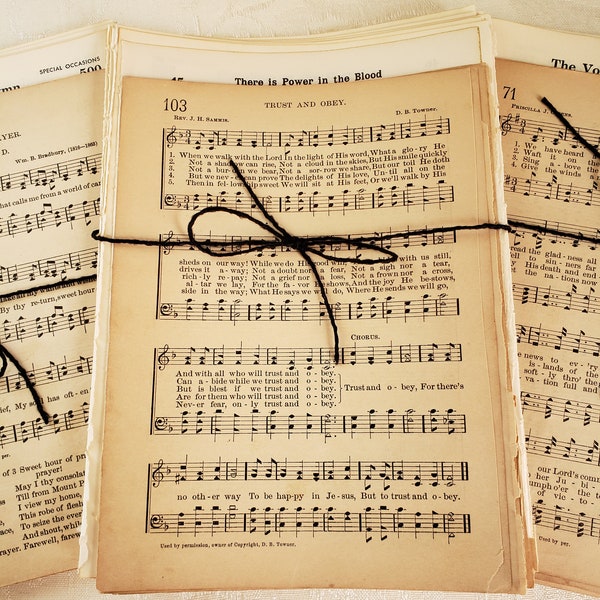 1/8 lb. Hymnal pages Vintage Songs, Antique bundle Old religious music pages plus 4+ pack bonus early 1900s church music pages Junk Journal