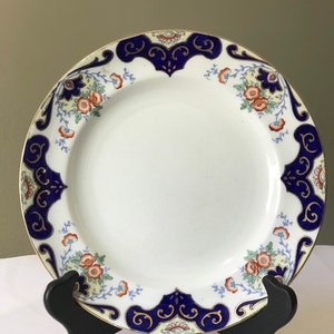 Vintage Libertas England Dinner Plate Blue Scallops With Floral Motif Hand Painted With Gold Trim. 9 inches