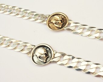 Sterling Silver Skull Thick Wax Seal Bracelet, Gift  for Him and Her, Curb chain