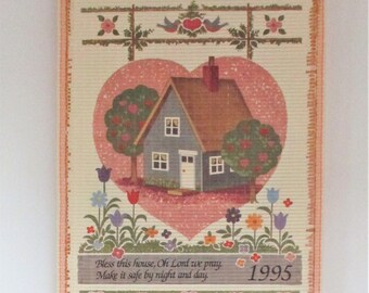 Reversible 1995-1996 Wall Scroll Calendar Bamboo Teddy Bear Kitten Bless This House Theme 2 Sided Wall Hanging Vintage Cottage Home Decor