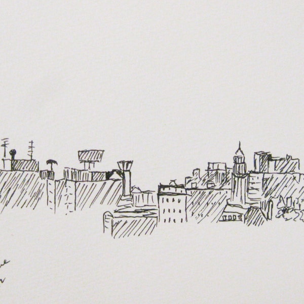 Portland Maine Skyline Pen and Ink Drawing Matted Original Artwork by Maine Artist Kathleen Daughan En Plein Air Portland Maine Skyline