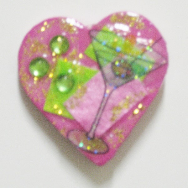 Heart Pin Gift Pink Brooch Martini Glass Handmade Paper Collage 3 Rhinestones Art Pin Handcrafted Jewelry Lapel Pin No.113