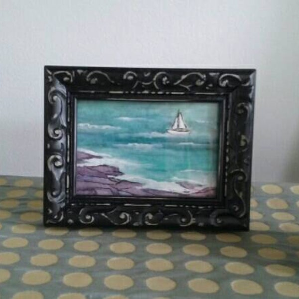 Framed Miniature Painting Two Lights State Park Original Watercolor Seascape Cape Elizabeth Maine Kathleen Daughan Western Avenue Artist