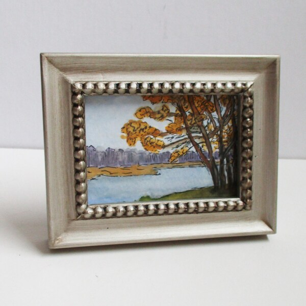 Delaware River #1 (Tow Path) Framed Miniature Original ACEO Lumberville PA Painting Art Gouache Watercolor Pen Ink Kathleen Daughan Artist